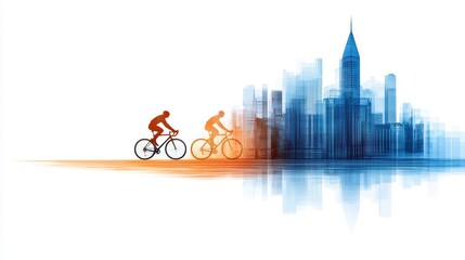 Obraz premium Cyclists Riding Through an Abstract City Landscape with Reflections and Modern Architecture Elements