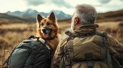An elderly man sharing an adventurous moment with his loyal dog, gazing at the mountains ahead, embodying the spirit of exploration and companionship in nature.