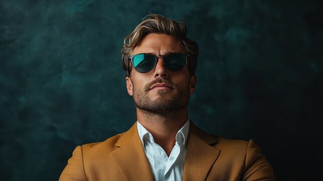 A fashionable man wearing sunglasses strikes a confident pose, showcasing a blend of style and charisma against a textured dark background, embodying modern sophistication.