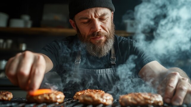 A skilled chef intently grills gourmet burgers, showcasing passion and culinary expertise, with smoke and sizzling sounds creating an inviting, delicious atmosphere in the kitchen.