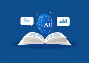 A simple, flat vector illustration of an open book being read by a robot's head