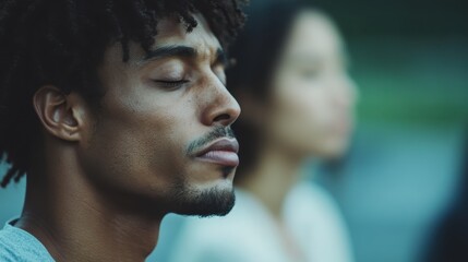 A close-up of a thoughtful Black man with closed eyes conveys a moment of serenity and introspection, emphasizing a sense of calm and mindfulness in a blurred background.
