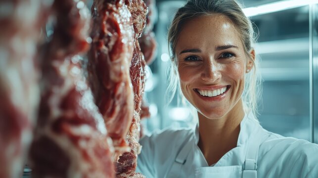 A smiling female butcher showcases her craft by presenting an array of fresh meat products, embodying professionalism and passion in her culinary art.