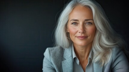 A captivating portrait of a sophisticated older woman with striking silver hair, exuding confidence and beauty, set against a sleek dark backdrop for enhanced focus.