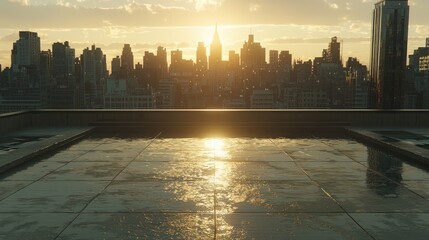 Empty rooftop patio at sunset overlooking a ruined city.