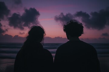A silhouette of two people, a man and a woman, in the distance on a beach at sunset