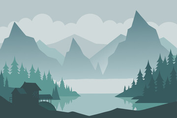 Vast mountain landscape with a serene lake, framed by snow-capped peaks and a tranquil morning sky, veiled in mist