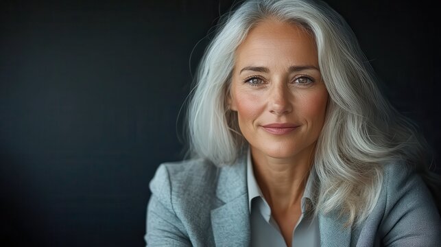 A captivating portrait of a sophisticated older woman with striking silver hair, exuding confidence and beauty, set against a sleek dark backdrop for enhanced focus.
