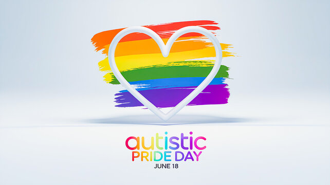 Graphic design, banner for Autism Pride Day, June 18 with a white outline heart on a background of rainbow brush strokes symbolizing spectrum and neurodiversity and text.
