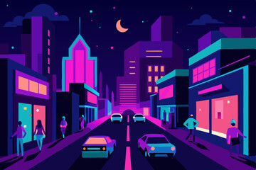 Night city street illustration with urban buildings and a sky full of stars