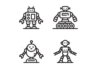 Four different robot designs in a simple line art style.