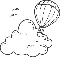 Here's a whimsical illustration of a hot air balloon flying through a cloudy sky, perfect for a baby shower or weather-themed design