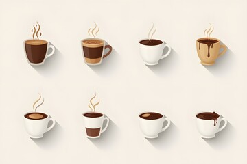 Steaming Coffee Cups: An artistic array of assorted coffee cups, each emanating the alluring aroma of rich, freshly brewed coffee with artful design, promising warmth and inviting enjoyment.