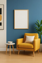 Colorful Interior Corner with Blue Accent Wall and Yellow Armchair