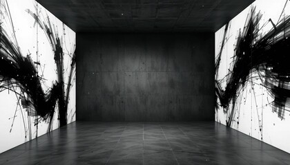 A dark room with a floor and ceiling, surrounded by an abstract black and white interior background with a concrete wall. Modern building that is simple and leaves room for a design idea
