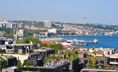 Istanbul, Turkey - Galataport waterfront in Karakoy with a view of the city skyline