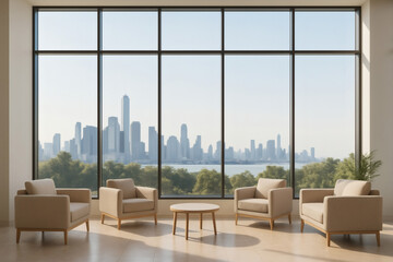 Modern Lobby Interior with Panoramic City View and Lounge Chairs