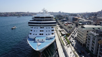 Istanbul, Turkey - Galataport waterfront in Karakoy with a view of the city skyline