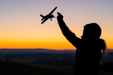 A silhouette of an aviator holding up their toy airplane against the backdrop of a sunset