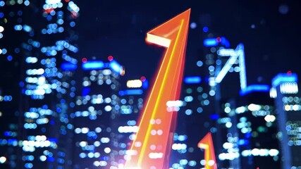 Futuristic digital visualization of large red upward arrow rising through glowing cityscape skyline, symbolizing financial success, stock market gains, and economic growth - Powered by Adobe