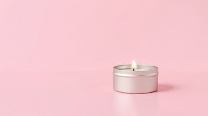 Illuminating minimalist wax candle in a silver container creates a warm ambiance on a soft pink backdrop