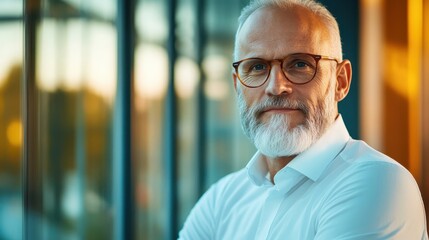 A stylish elderly man exudes confidence and wisdom in a contemporary setting, showcasing a blend of maturity and approachability with a striking background.