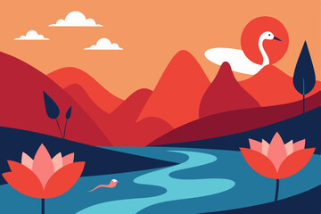 Vector nature landscape illustration with mountains, lake, flowers, and a sunset sky