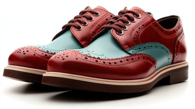 A striking pair of brogue shoes showcases a unique blend of red and teal, reflecting contemporary fashion with a classic touch, perfect for stylish footwear collections.
