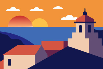 Naklejka premium Old church architecture in Oia Santorini Greece with a blue sky and Mediterranean landscape