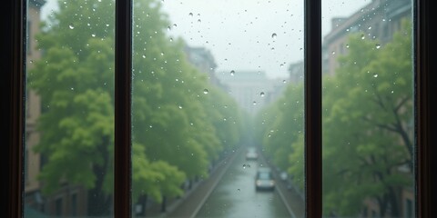 Naklejka premium Rain Drops on Window with Defocused Urban road background