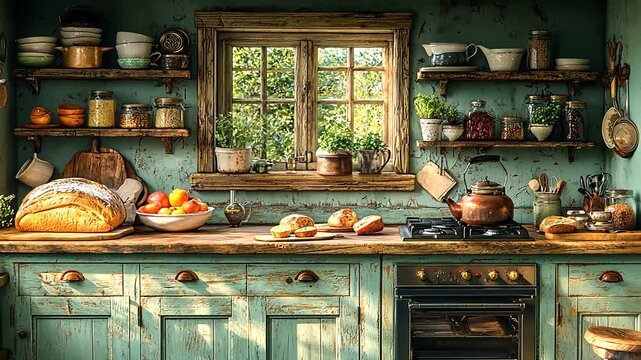 Cozy rustic kitchen with fresh bread, fruits, and a kettle, sunlight streaming through window
