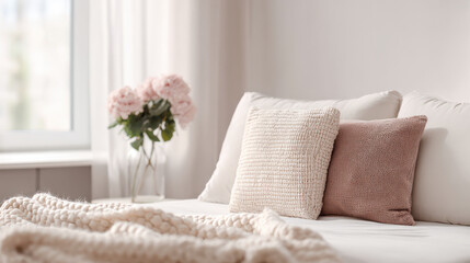 serene bedroom scene featuring soft luxurious bedding in calming pastel colors