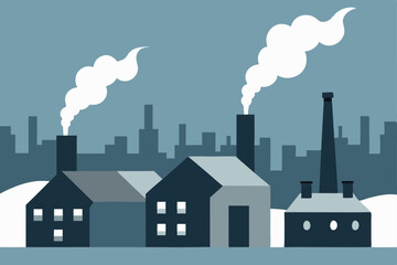 Obraz premium Industrial Skyline: Smoke stacks emitting steam against a cityscape backdrop. A stylized illustration depicting industrial buildings and urban skyline.