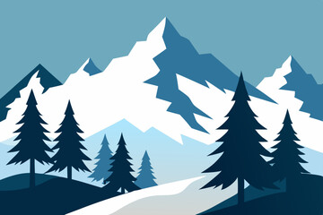 Fototapeta premium Mountain Majesty: Majestic snow-capped mountains rise above a tranquil valley, silhouetted against a clear sky, with evergreen trees framing the scene. 