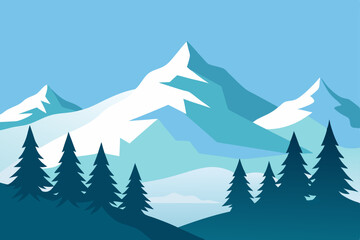 Fototapeta premium Snowy Mountain Peak: Serene winter landscape featuring a majestic snow-capped mountain peak, surrounded by evergreen trees, under a clear blue sky.