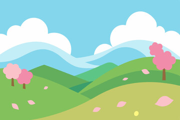Obraz premium Vector illustration of a vibrant summer landscape with green hills, trees, and a clear sky, capturing the essence of nature's serene beauty
