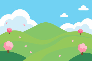 Fototapeta premium Spring landscape illustration with flowers, clouds, and birds in a green meadow