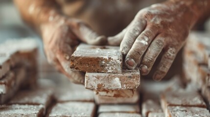 A skilled baker, hands covered in flour, expertly lifts freshly sliced brown bread from a stack, emphasizing the craftsmanship, dedication, and artistry behind beloved baked goods.