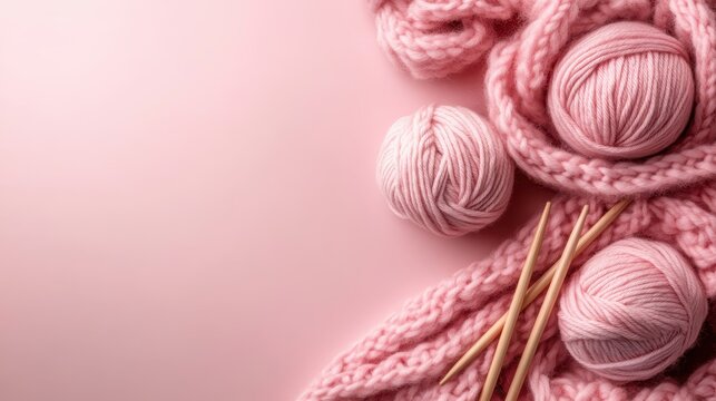 A close-up view of soft pink wool yarn and knitting needles presents a cozy crafting atmosphere, symbolizing warmth, creativity, and the art of textile creation.