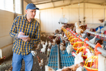 Serious young European male farmer worker writing down report during work on chicken farm