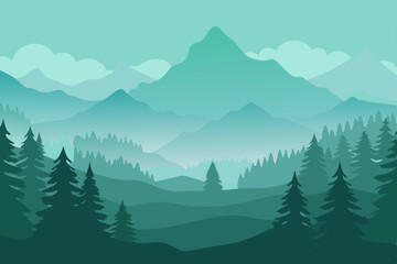 Fototapeta premium Snow-capped peaks pierce the sky, a vast mountain landscape shrouded in mist and pine forests, with clouds clinging to the winter trees