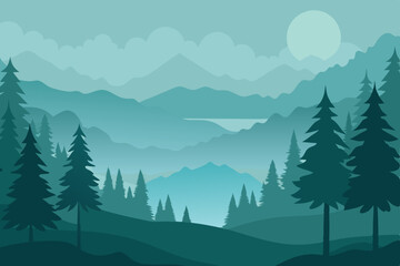 Fototapeta premium Winter mountain landscape with pine trees and a serene sky