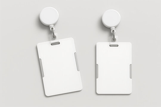 Two blank white retractable badge holders with lanyards