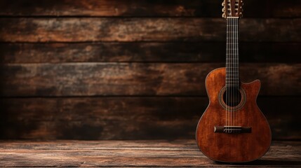 Obraz premium A beautifully crafted acoustic guitar is showcased against a rustic wooden backdrop, symbolizing creativity and passion for music.