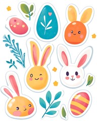 Obraz premium Cute Easter Sticker Pack with Bunnies, Eggs, and Carrots in Bright Pastel Colors
