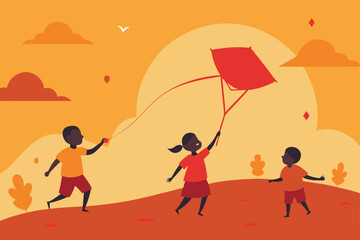 Family silhouette of children playing on the beach at sunset