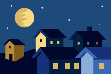 Night vector illustration of a house with stars in the sky and a moon over a winter city landscape, perfect for Christmas or Halloween