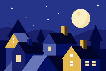 Fototapeta premium Urban night cityscape with a full moon and illuminated buildings