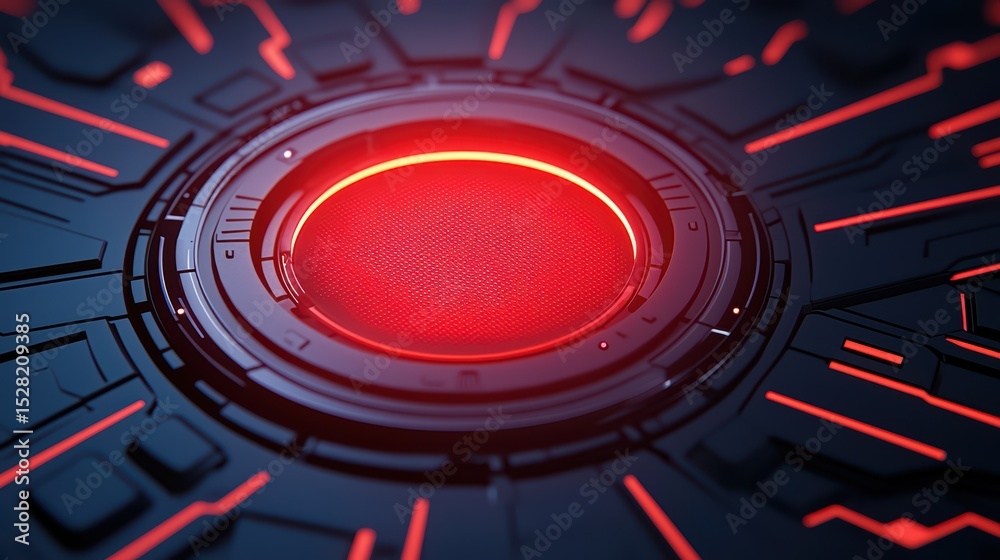 Poster abstract futuristic design featuring glowing red circle on dark background with intricate geometric 