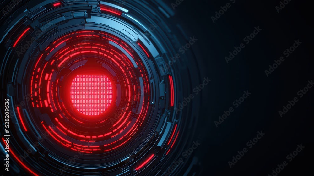 Poster futuristic abstract design with glowing red patterns and intricate metallic textures on a dark backg